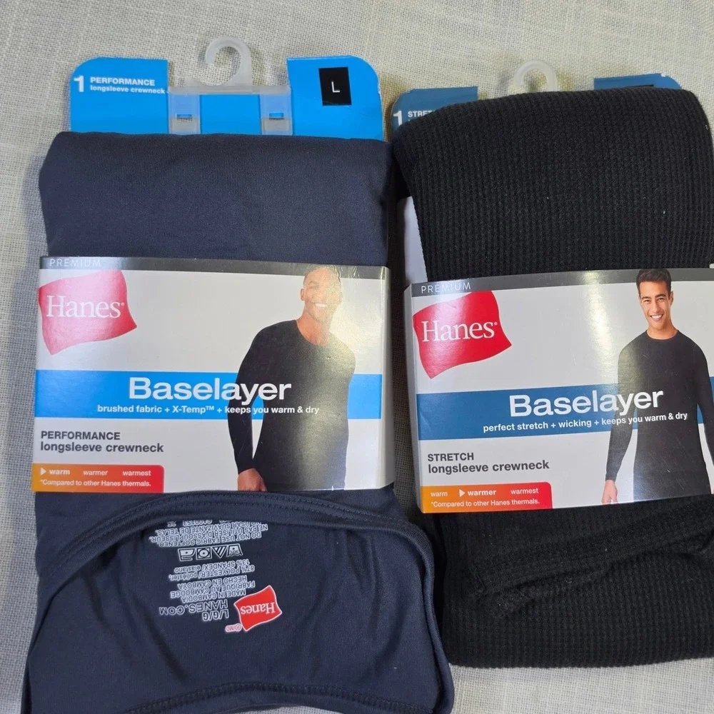 Hanes Premium Baselayer Men Large 2 Pack Thermal Tops Navy Black Crewneck 9THTC1